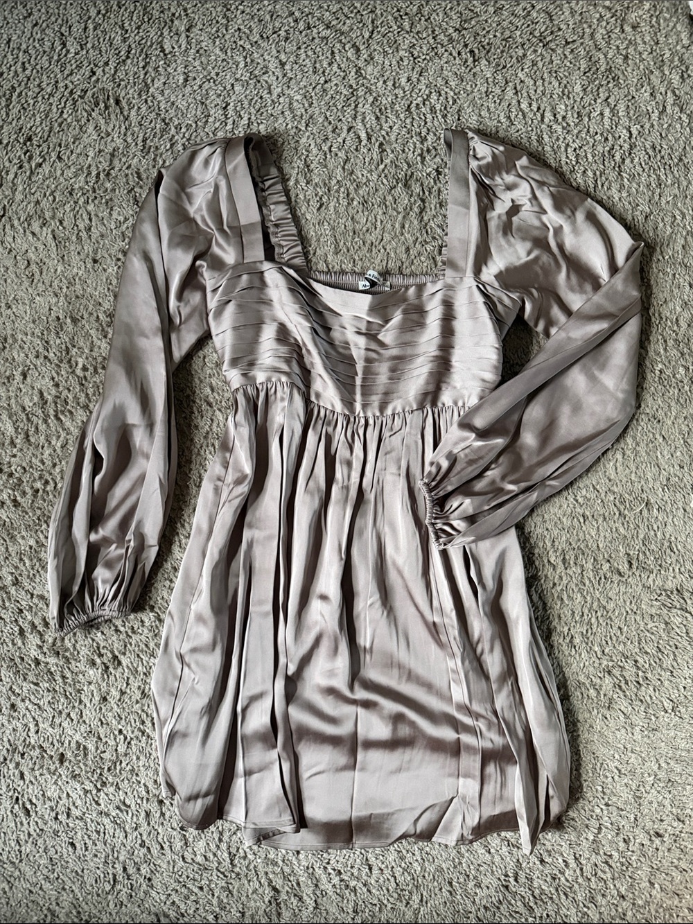 Abercrombie & Fitch Satin Square-Neck Long Sleeve Dress in Taupe